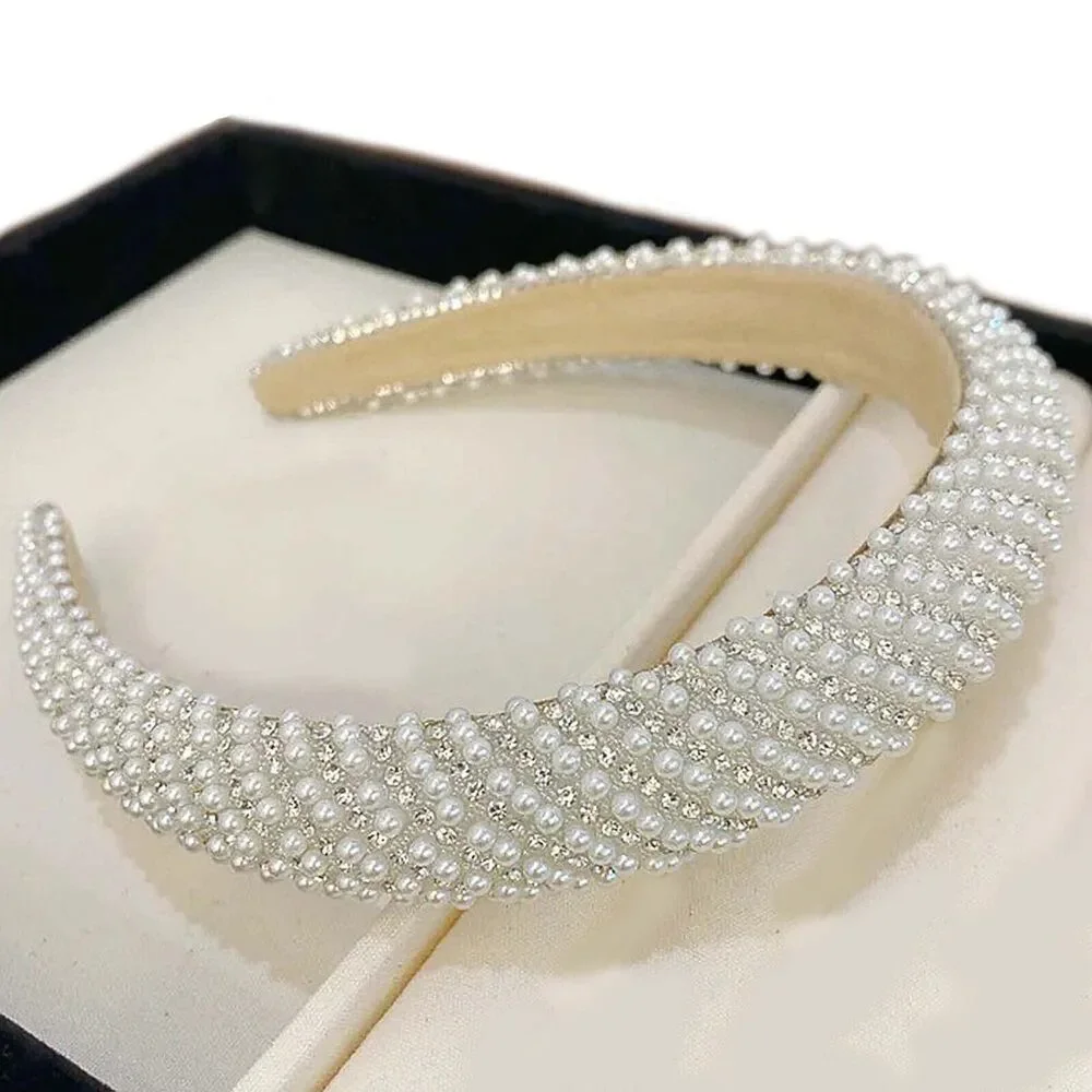 Bridal Faux Pearl & Rhinestone Headband White Padded Womens Hair Accessory Prom